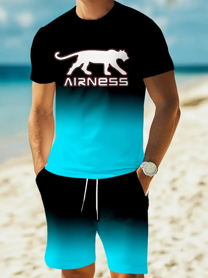 Summer chic 2025 fashion outdoor activity Men's casual sports suit Round neck T-shirt and shorts 3D printed T-shirt shorts set 