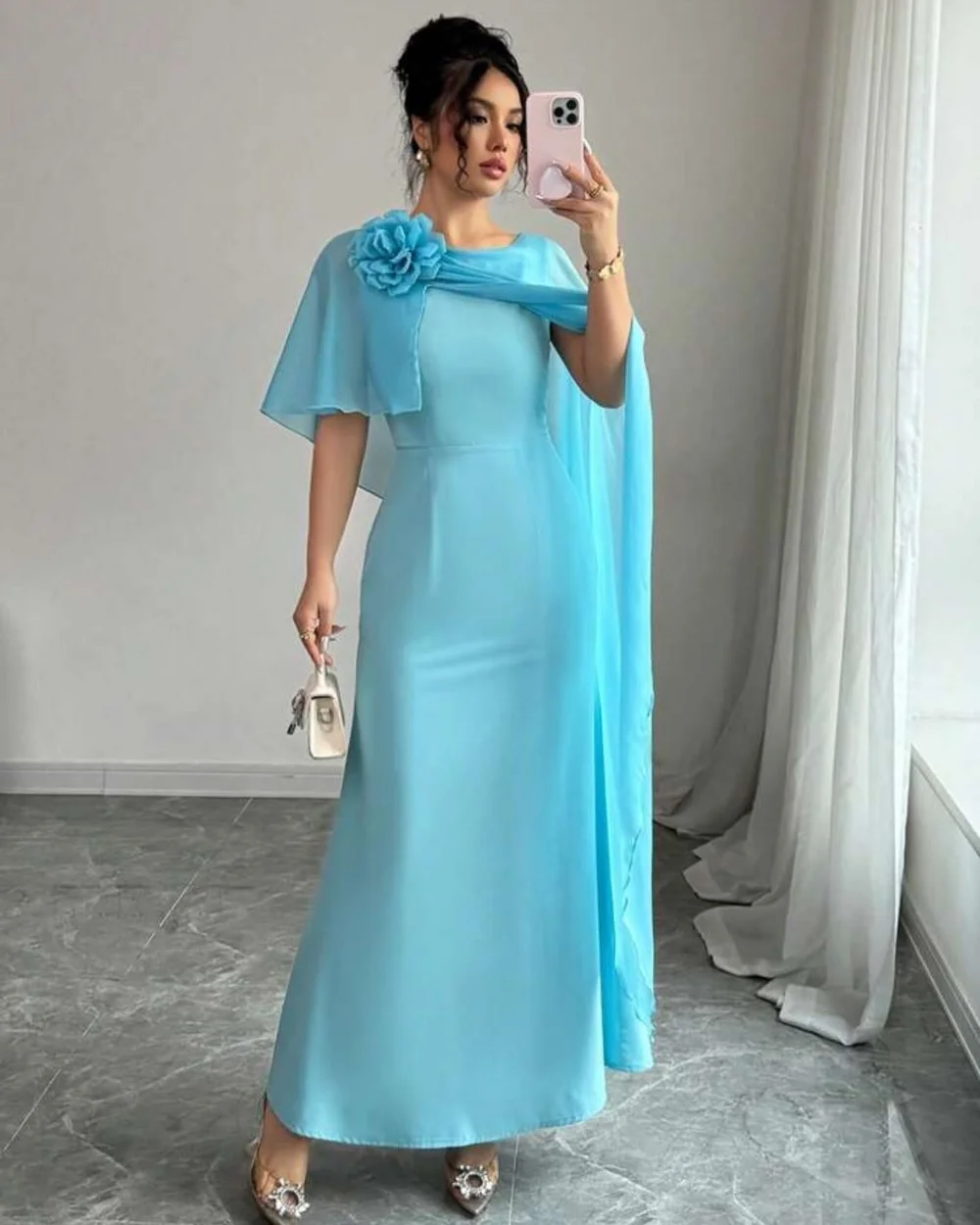 

Customized Modern Style Formal Chiffon Handmade Flower Ruched Straight High Collar Ankle Length Dresses Bespoke Occasion Dresses