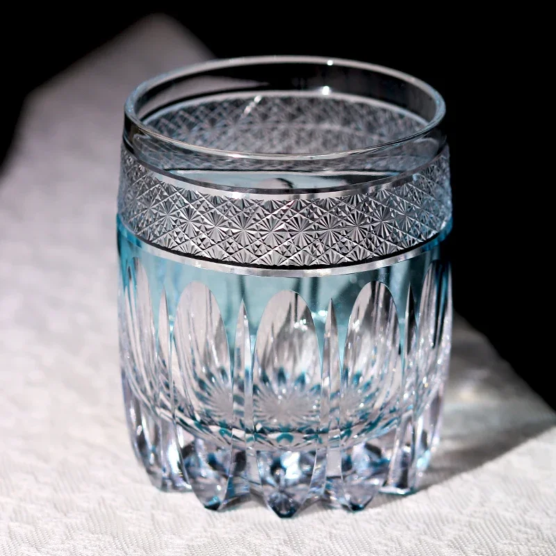 Handmade Sky Blue Rocks Whiskey Glass Tumbler with Varied Edo Kiriko Cuts Japanese Style Cocktail Glasses for Table Home Bar