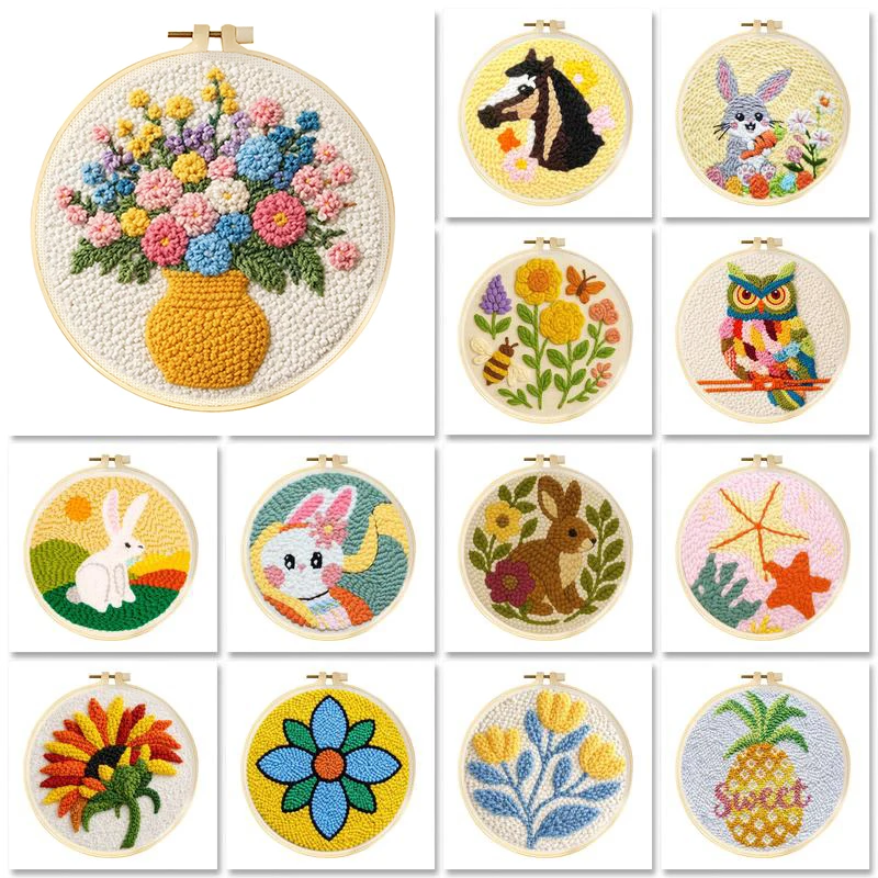 Kits de bordado Punch Needle DIY con animales adorables, fáciles para principiantes, juego de bordado Punch Needle con aro, para tejer alfombras, ideal como regalo para festivales.