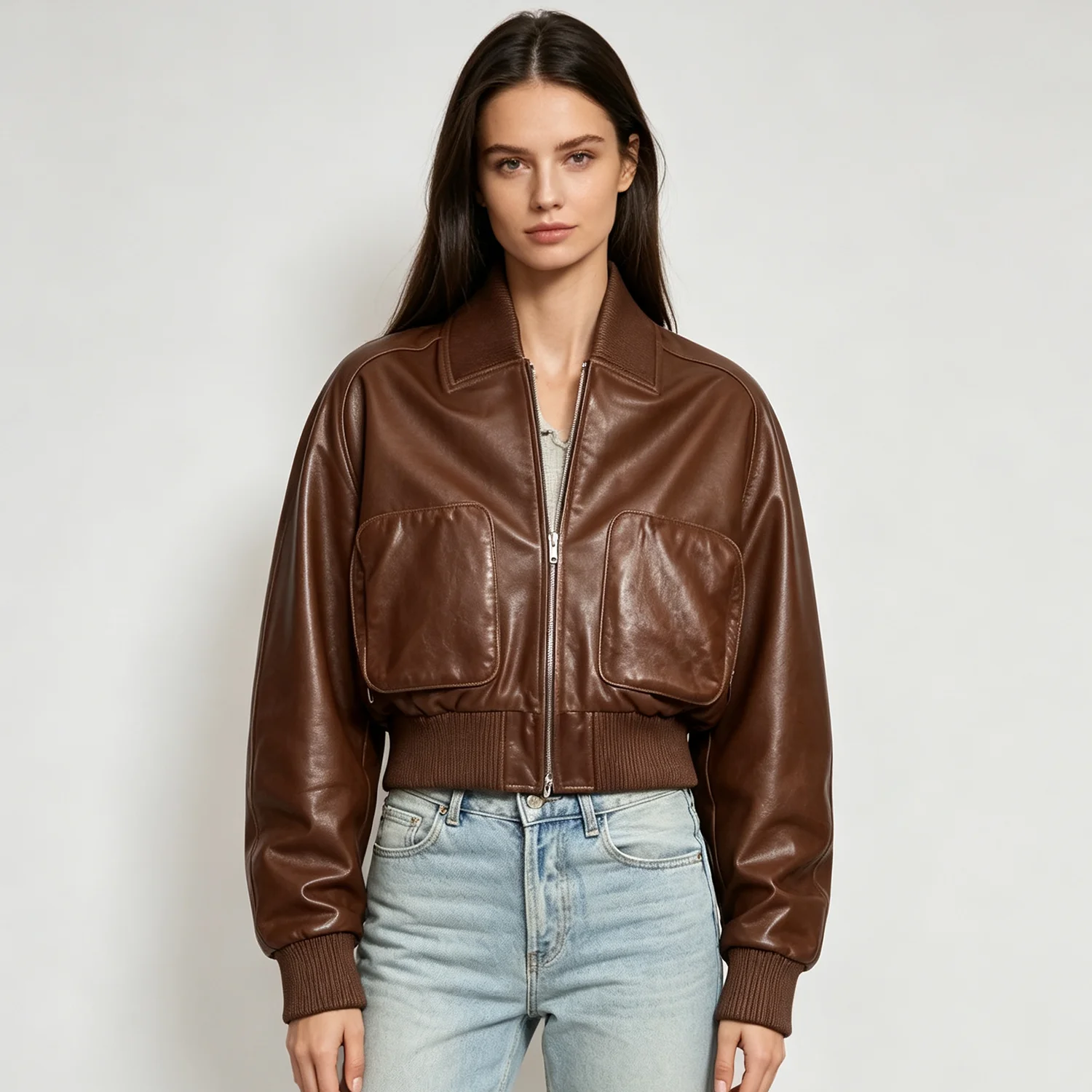 PUAL  2026 Vintage Brown Faux Leather Bomber Jacket Women Cropped Zip Up Big Pocket Rib Cuff Retro Street Outerwear