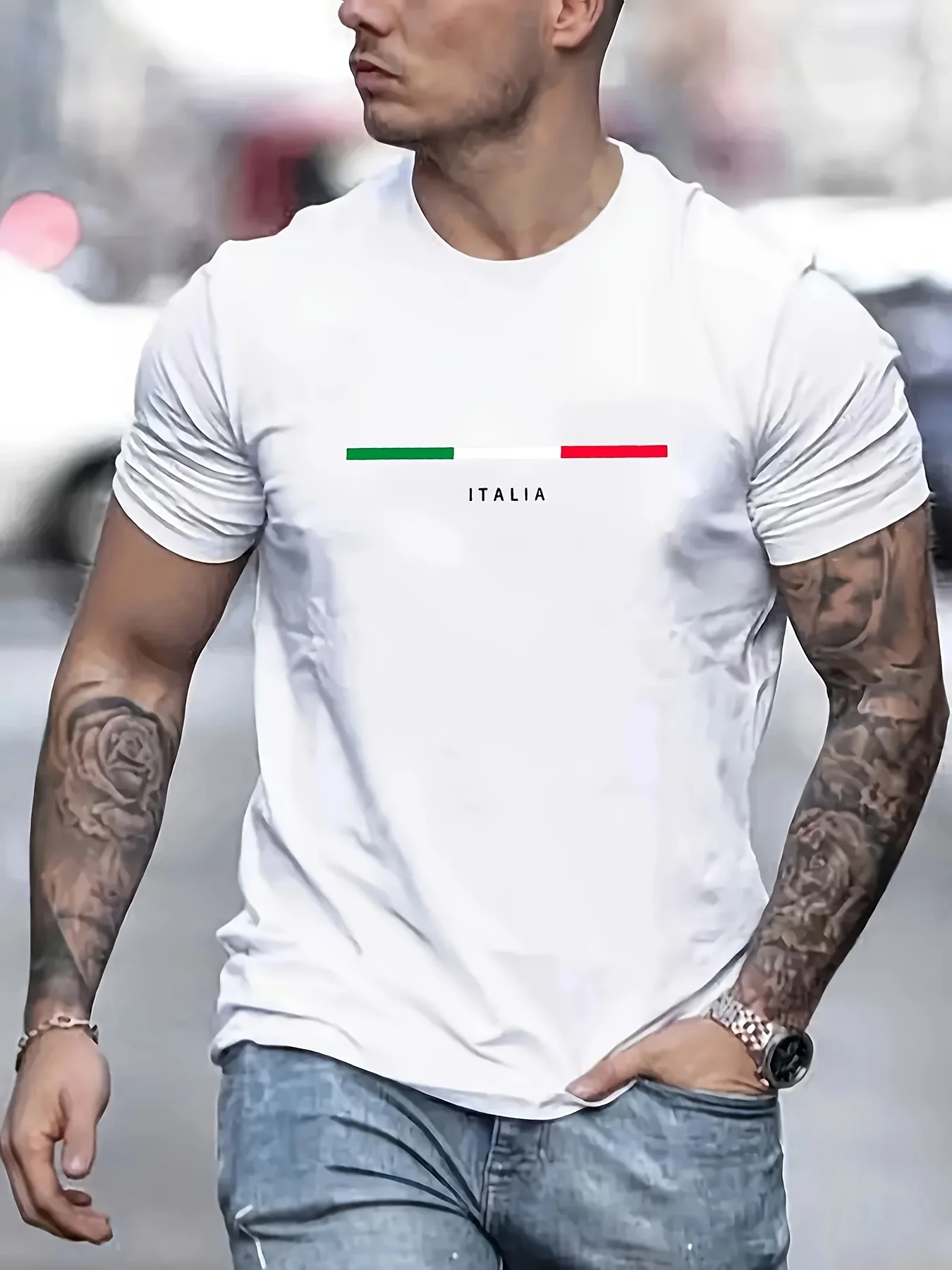 Summer Men's 100% Pure Cotton Casual Sports Loose Oversized T-Shirt Italia Letter Printed Comfortable Round Neck Short Sided
