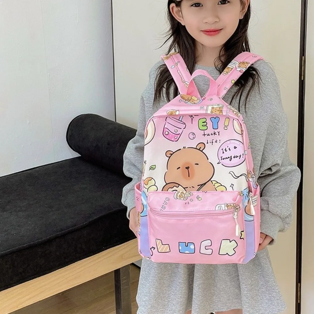 귀여운 두꺼운 카피바라 배낭 나일론 와이드 스트랩 만화 동물 데이 팟 대용량 경량 어린이 학교 가방 남여