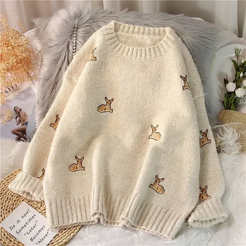 QNPQYX Women's Kawaii Sweater Ulzzang Vintage College Deer Embroidery Jumpers Female Korean Thick Cute Loose Harajuku Pullovers