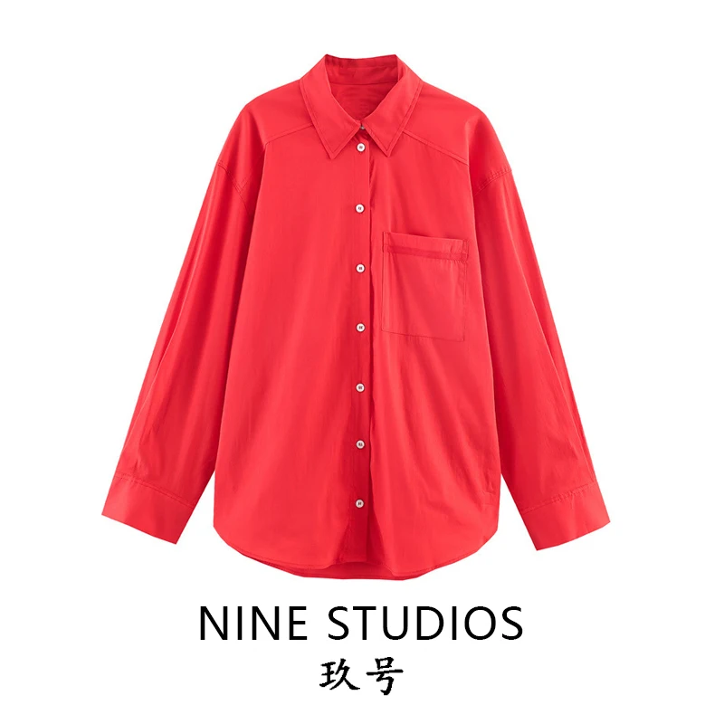 

Loose Long Sve irt NINE ZAR Women's Pure Color ket Sle Breathable Comfortable European Faion Spring irt