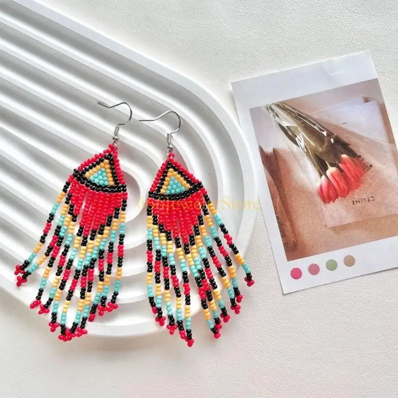

F2TD Bohemian Beaded Tassels Earrings Handmade Glass Seed Beads Vintage Floral Dangle Jewelry Accessories Gift for Women