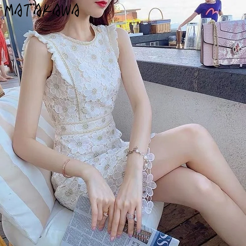 Matakawa Midi Dress Korean O Neck Sleeveless Lace Robe Femme Summer Elegant Slim Waist Bodycon Dresses Patchwork Pearl Vestido