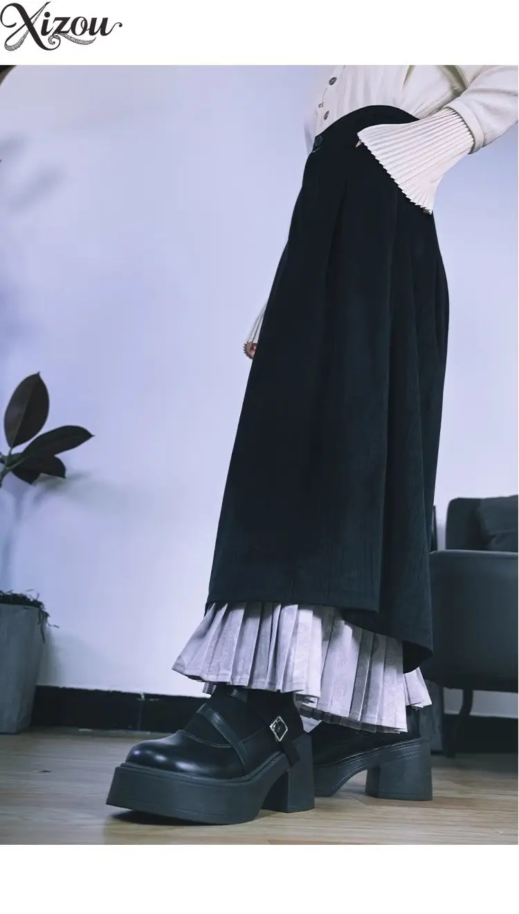 Unisex Chinese Style Double Layer Pleated Wide Leg Skort High Waist Black Loose Trousers Spring Autumn Oriental Street Pants