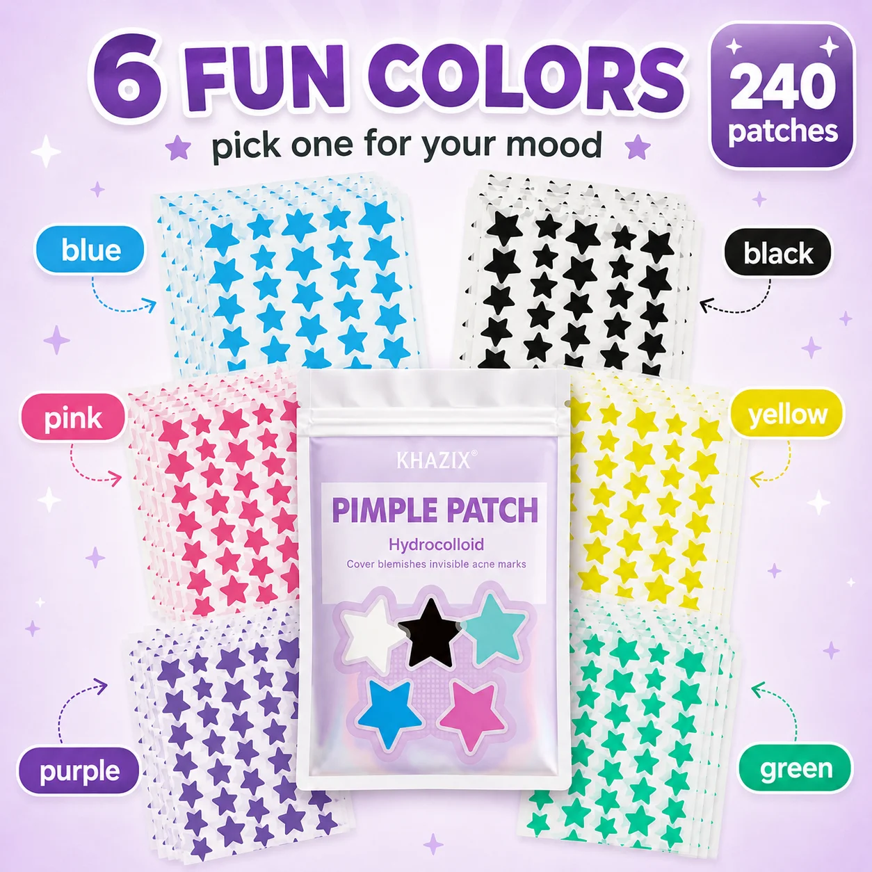 240pcs Cute Colorful Star Pimple Patches, Acne Spot Covers for Face Blemishes and Pimple Marks, Unisex.