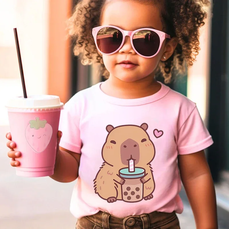 Cute Capybara Loves Drinking Bubble Tea Kids Cotton T-shirt Pink Short-sleeved Cartoon Top for Girls