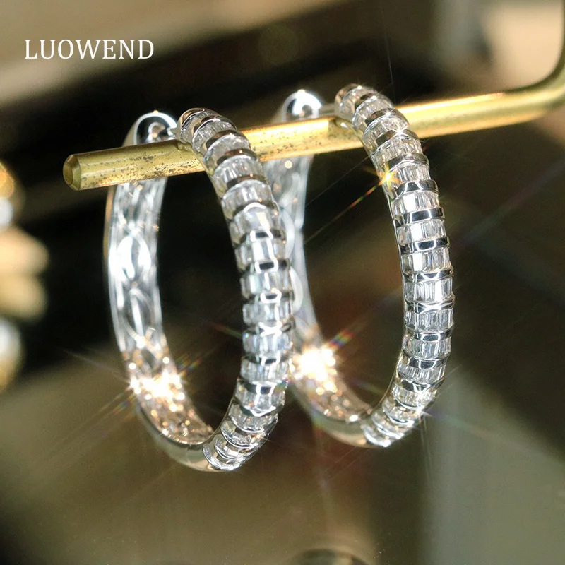 LUOWEND 100% 18K White Gold Earrings Luxury Fashion Design 1.70carat Real Natural Diamond Hoop Earrings for Women Fine Jewelry