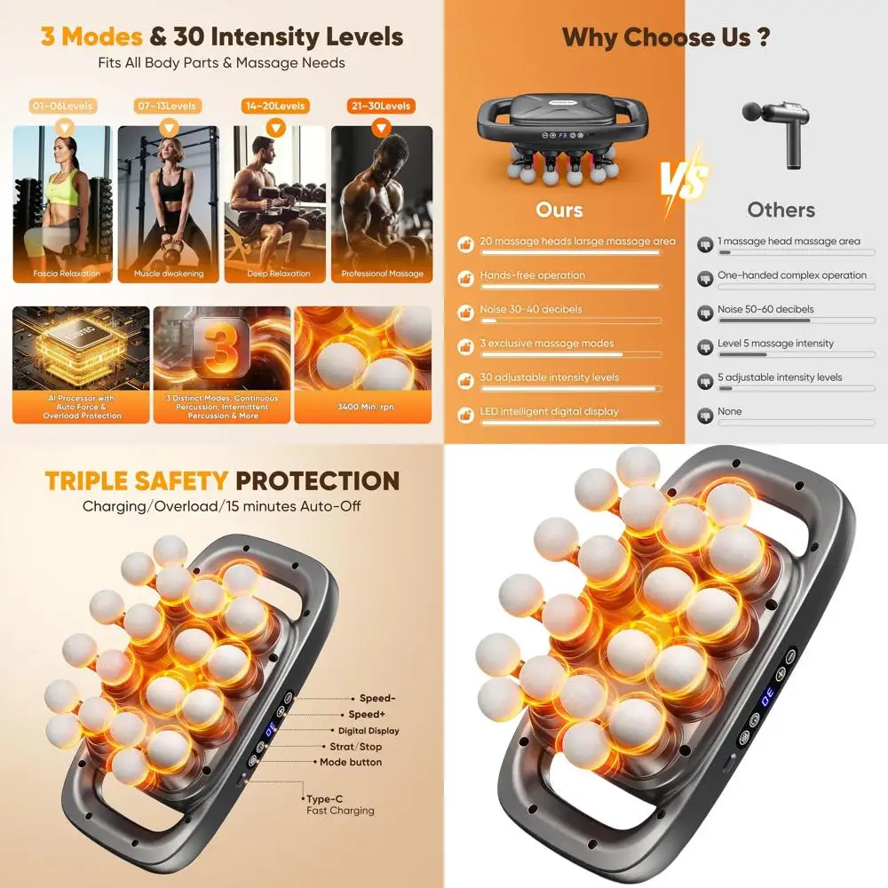 Deep Tissue Percussion Massage Gun with 30 Speeds, 3 Heads, 110lb Force, Ultra-Quiet, 2600mAh Battery, Fast Charging, 6H Use for