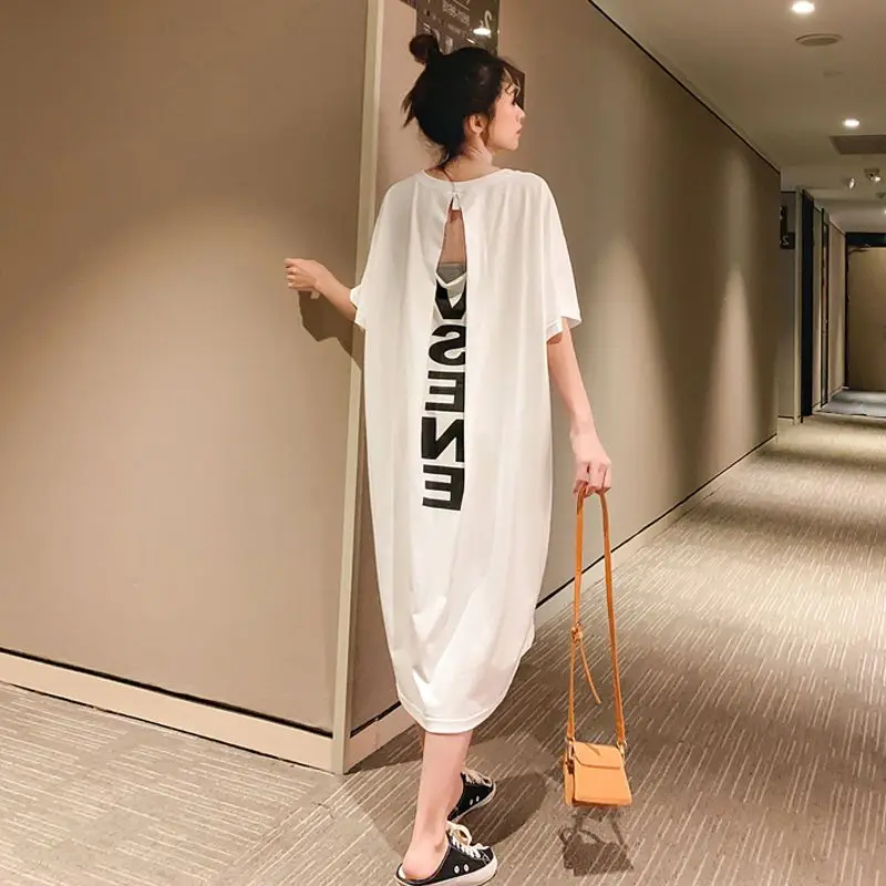 Korean Loose Hollow Out T Shirt Dress Summer Short Sleeve Backless Letter Print Sexy Casual Dresses Fashion Trend Women Clothing