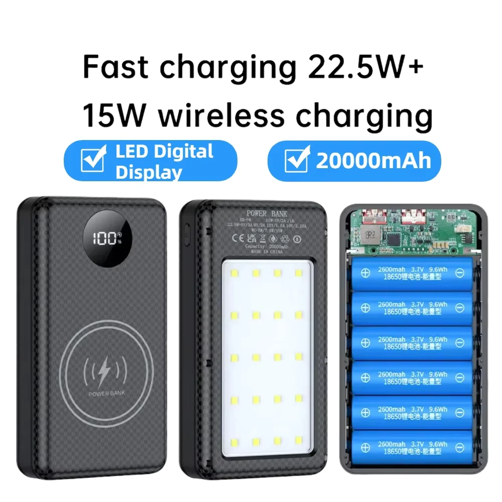 Obudowa Power Banku na 6 Baterii 18650, 22.5W + 15W Bezprzewodowe Szybkie Ładowanie, Pudełka do Przechowywania Baterii, Bez Spawania, DIY, Odłączane, do Telefonu — zdjęcie produktu 5