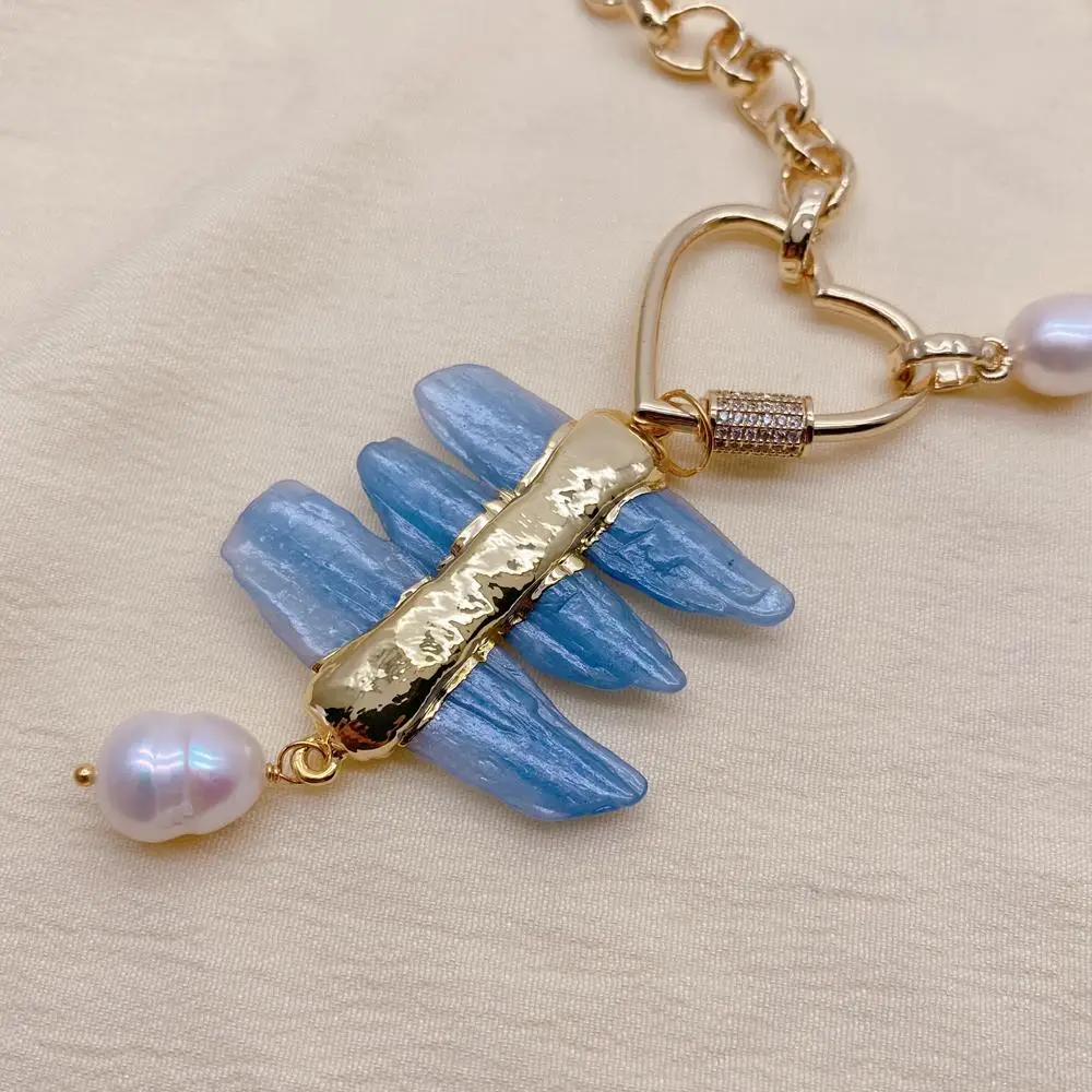 Y·YING Freshwater White Rice Pearl Gold Plated Chain Necklace Natural Blue Kyanite Pendant