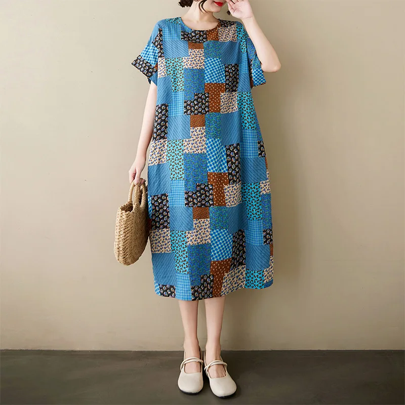 

Элегантное летнее платье средней длины из хлопка и льна для женщин больших размеров, с художественным винтажным цветочным принтом, прикрывающее колени, комфортного кроя