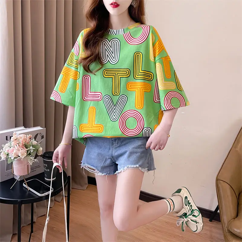 Elegante Mode Harajuku Slim Fit Vrouwelijke Kleding Losse Casual All Match Tops Vrouwen Bedrukt O-Hals Insert Korte Mouw T-Shirts