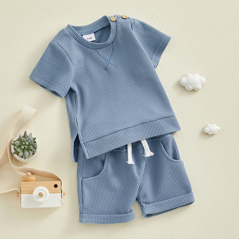 Toddler Boys Summer Shorts Sets Short Sleeve Crewneck Tops and Solid Color Drawstring Shorts Sets