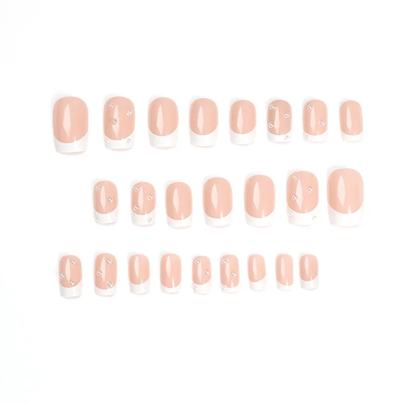 Nude pérola rosa unhas postiças com ferramenta, cabeça quadrada unhas postiças, design de borda branca, à prova d'água, pressione, 24pcs