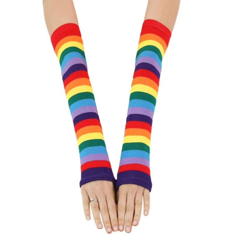 

5asd Women's Cotton Fingerless Gloves for Theme Party Festivals Rainbow Stripe Arm Sleeves for Night Club Arm Cover Gloves