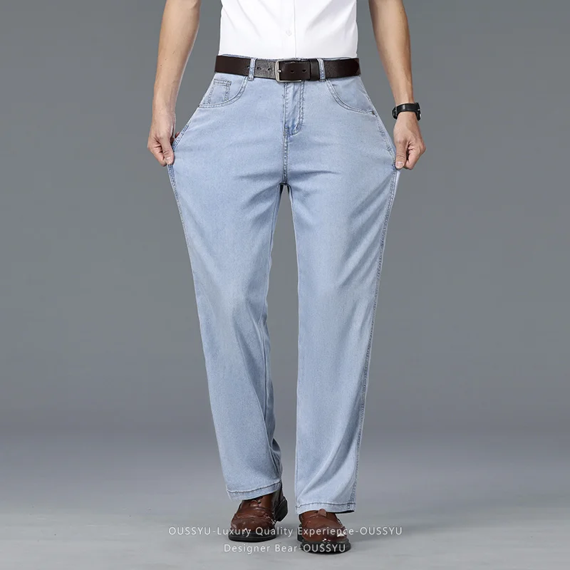 

Summer Thin Men's Soft Lyocell Fabric Straight Jeans Business Casual Baggy Solid Color Denim Pants Man Trouser Male Father's Day