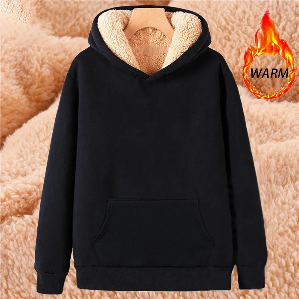 Winter Thicken Hoodies Men\'s Lambswool Warm Hooded Pullover Unisex Long Sleeve Sweatshirts Streetwear Unisex Casual Black Tops