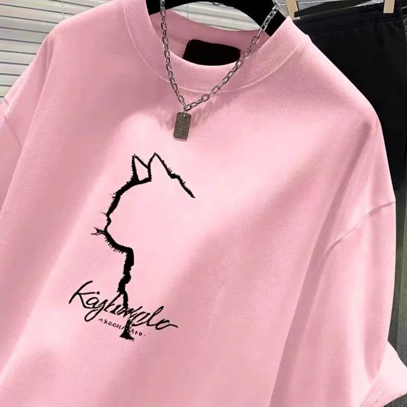 

Women's Clothing Cat Printed Fashion O-neck Short Sleeve T-shirt Summer Casual Top Tees creative Lady Basic Pullovers