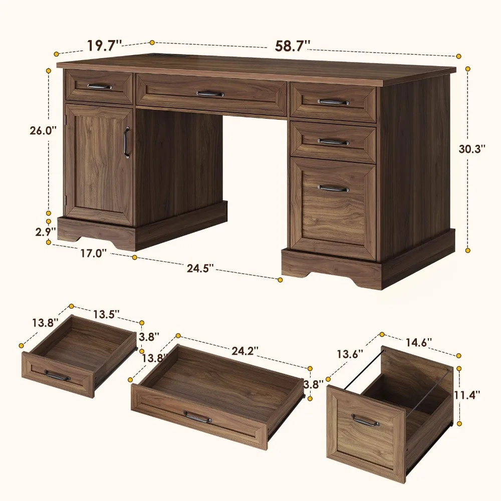 Farmhouse 59 Inch Executive Desk with Drawers, Walnut