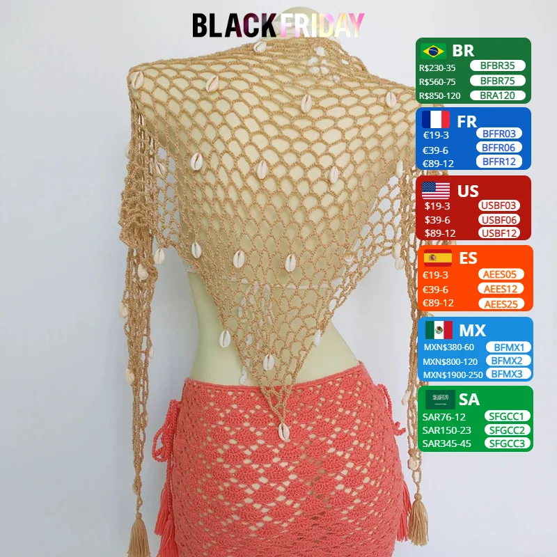 Women Triangle Shawl With Seashell Sexy Bikini Cover Up Sunscreen Nets Skirt Mesh Tunic Pareo Beachwear