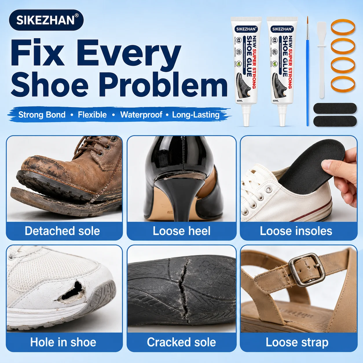 Shoe Adhesive Repair Set 2 x 60ML with Applicator Brush, Scraper, Elastic Bands and Patches for Footwear Sole Edge Repair