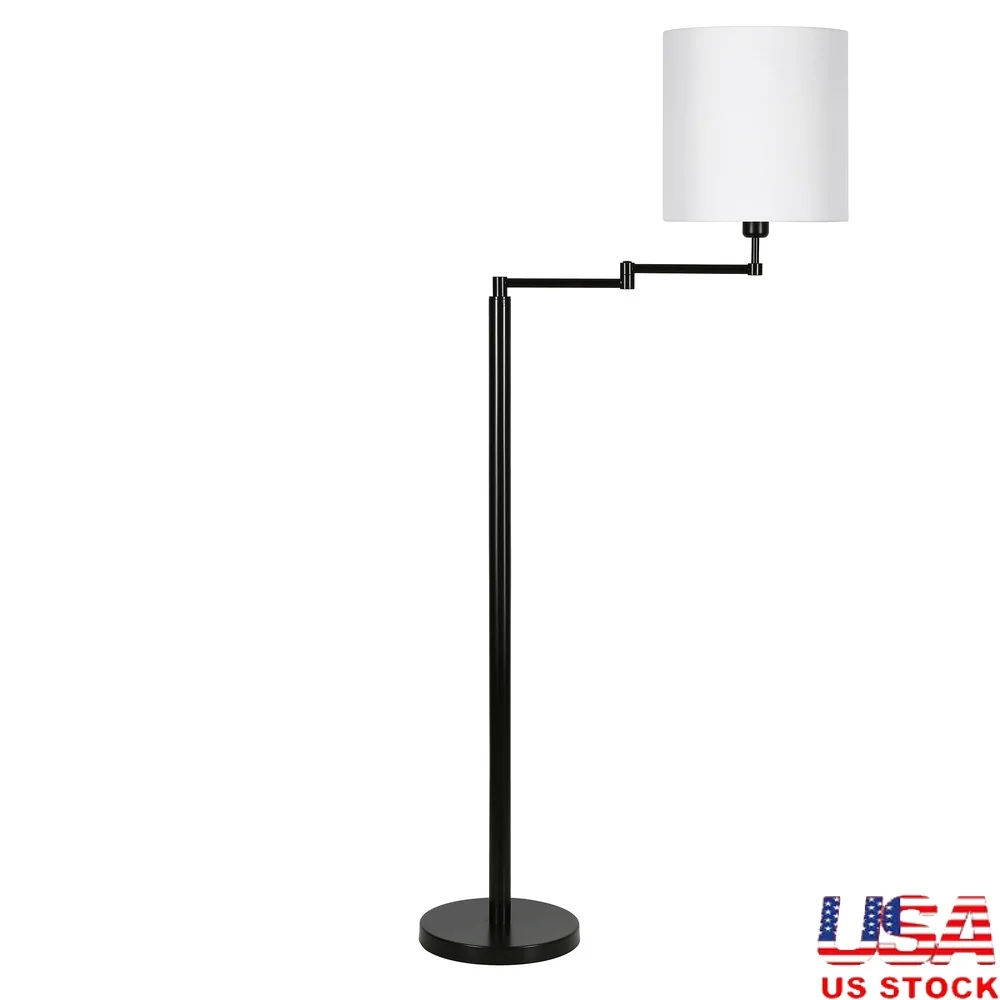 

Modern Floor Lamp with Fabric Shade Mid-Century Design Blackened Bronze Metal Adjustable Arm Ideal Living Room Bedroom Home