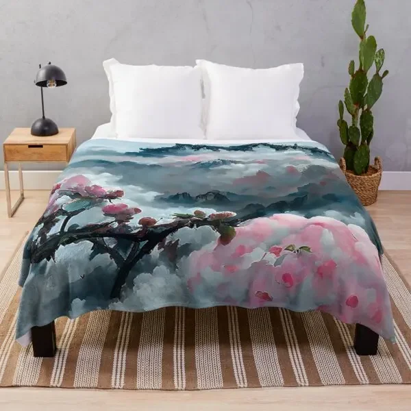 White Pink Cherry Blossom Flannel Throw Blanket Romantic Flowers King Queen Full Size for Living Room Sofa Couch Lightweight