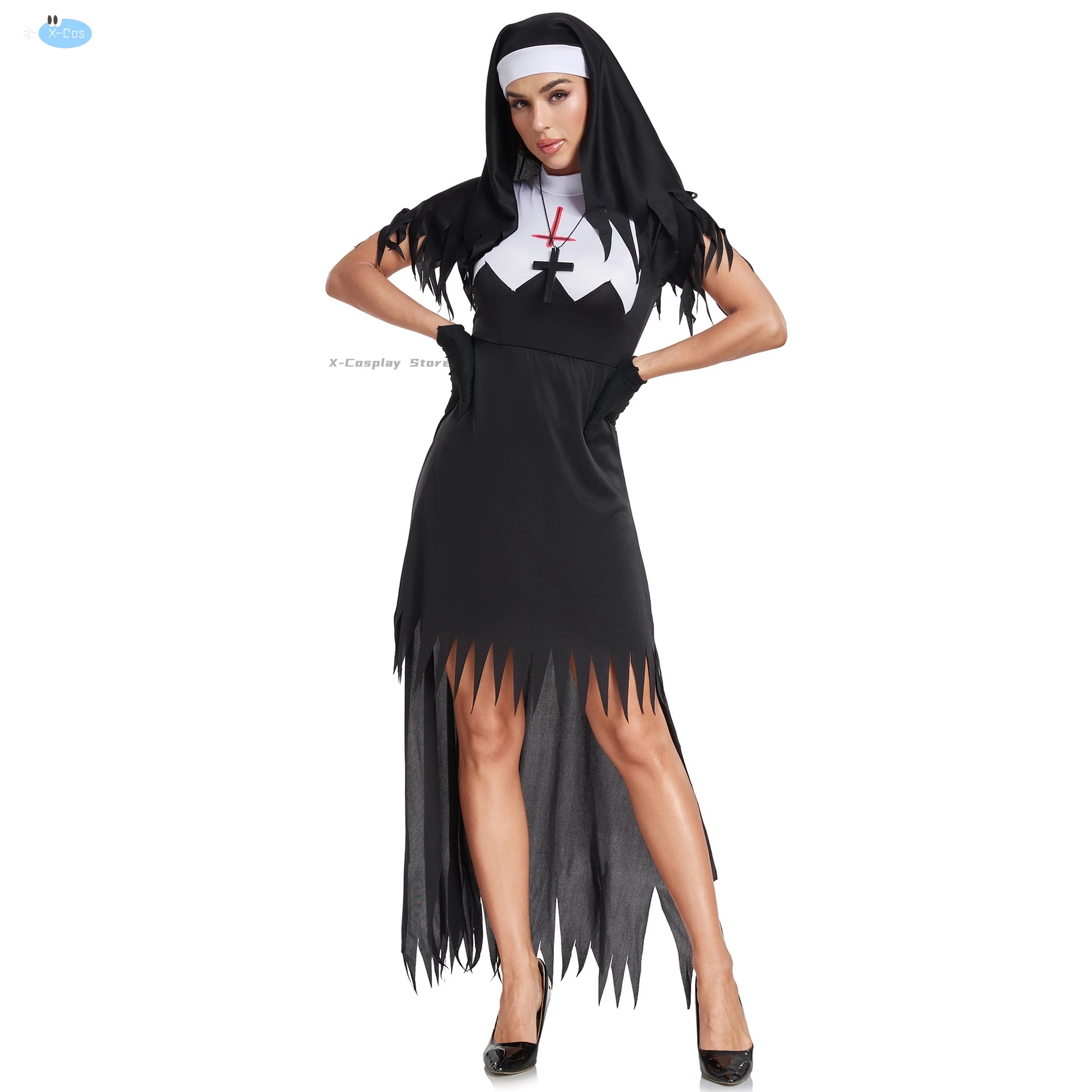 Halloween Terrorist Non Kostuum De Demon Enge Cosplay Kostuums Lange Gewaden Dame Spooktaculaire Bloedige Non Cosplay Verkleedkleding