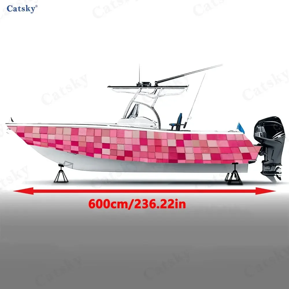 2Pcs Pink Checkerboard Boat Hull Decal, Fresh & Vibrant Water-Resistant Sticker for Recreational Boats, Colorful Grid Design