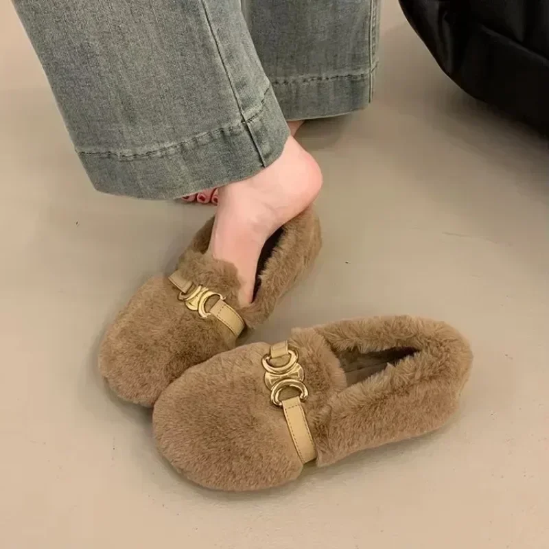 

Womens Slippers Warm Short Plush Lining House Shoes Moccassins Slip on Fashion Lady Flats Loafers Non Slip 2024 Winter New Style