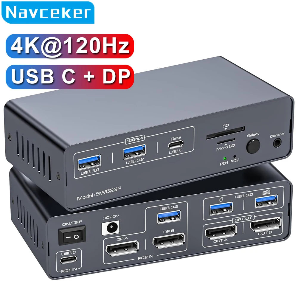 4K@120Hz USB C DP KVM Switch Docking Station 2 PC 2 Monitors USB 3.2 Switches Dual Support 100W PD Charging with Windows & MacOS