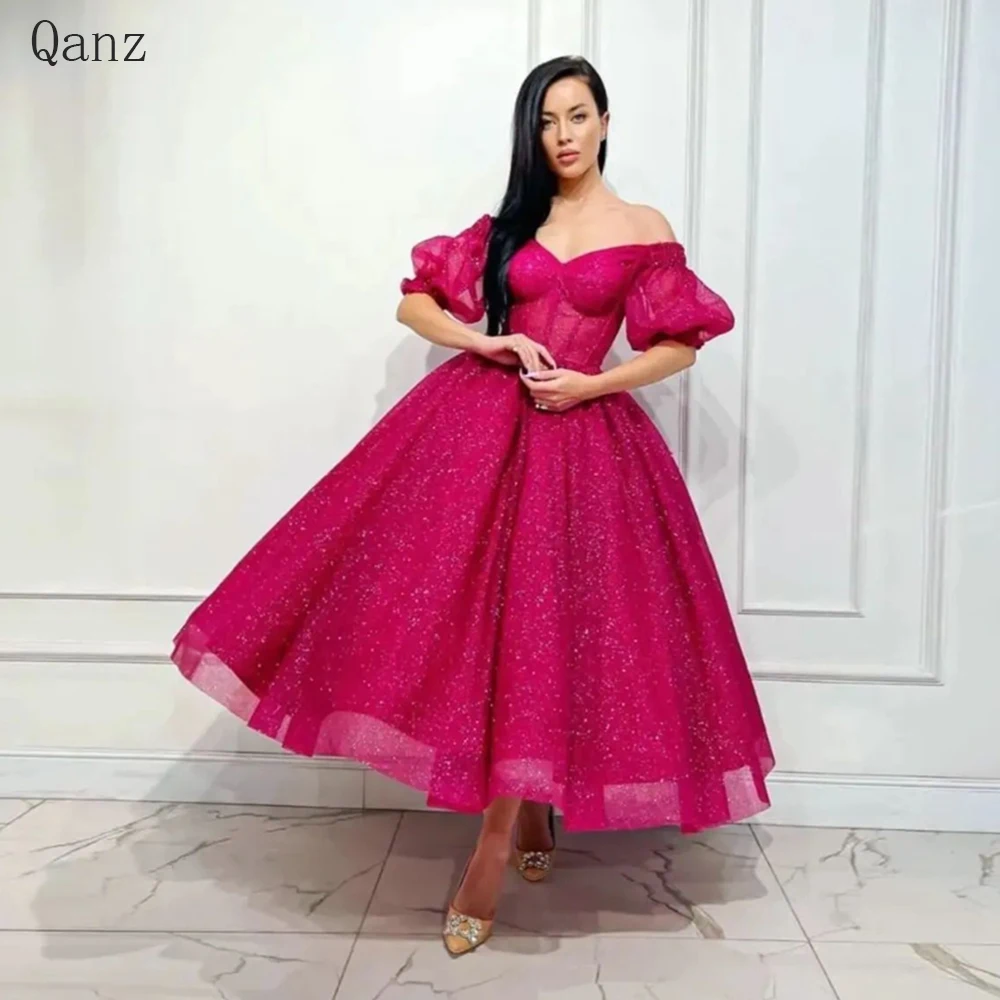 Qanz Off Shoulder Arabic Evening Dress Glitter Tulle Short Puffy Sleeves Formal Prom Dresses Birthday Party Gowns Customized