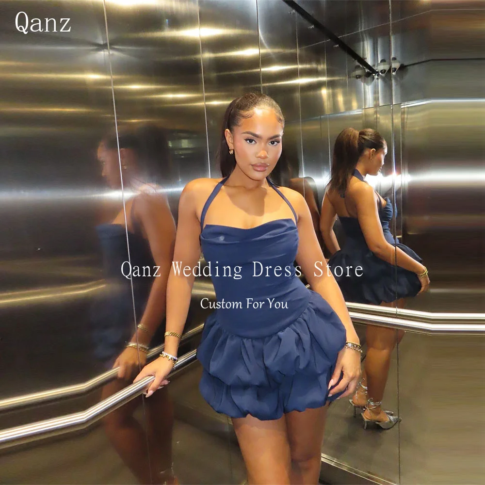 

Qanz Sexy Mini Prom Dresses Halter Neck Ball Gown Ruffles Tiered Navy Blue Short Elegant Dresses for Woman Party Customized