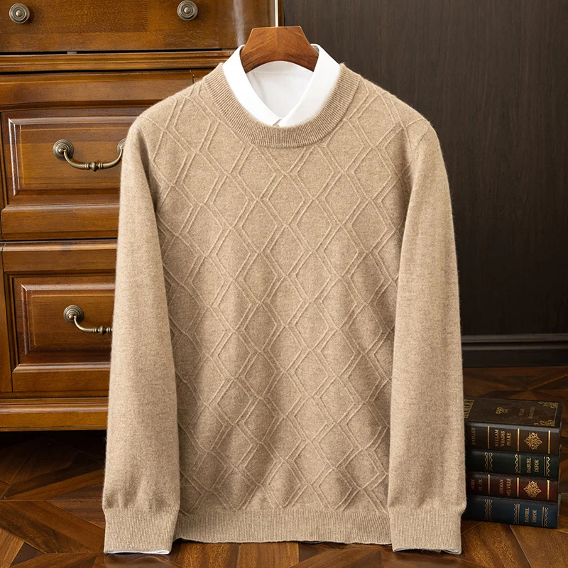 Men's 100% Cashmere Sweater Autumn Winter O-Neck Long Sleeve Pullover Rhombus Knit Cashmere Knitwear Argyle Smart Casual Tops