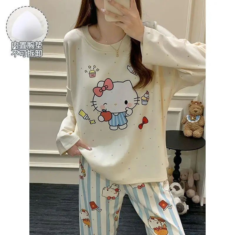 

Sanrio Hello Kitty Women's Pajamas Set Spring Autumn Cute Long Sleeve Built-in Bra Wear Outside Student Home Cozy Sleepwear