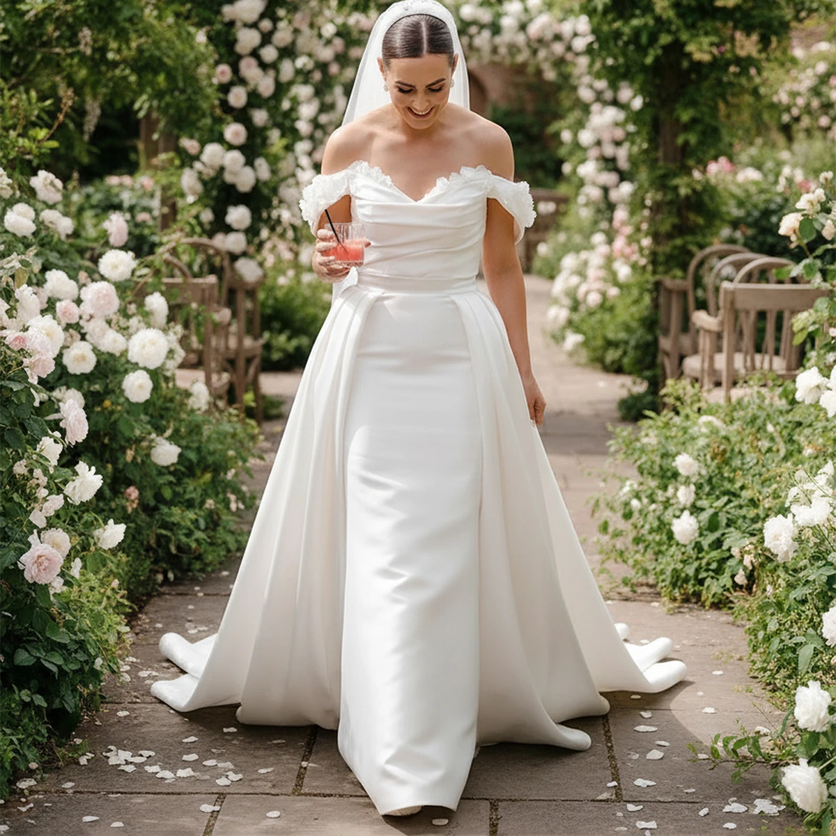 

Luxury Vestidos Novia Pleated Satin Mermaid Wedding Dresses 2025 Long V Neck Off Shoulder Appliques Bridal Gown With Train