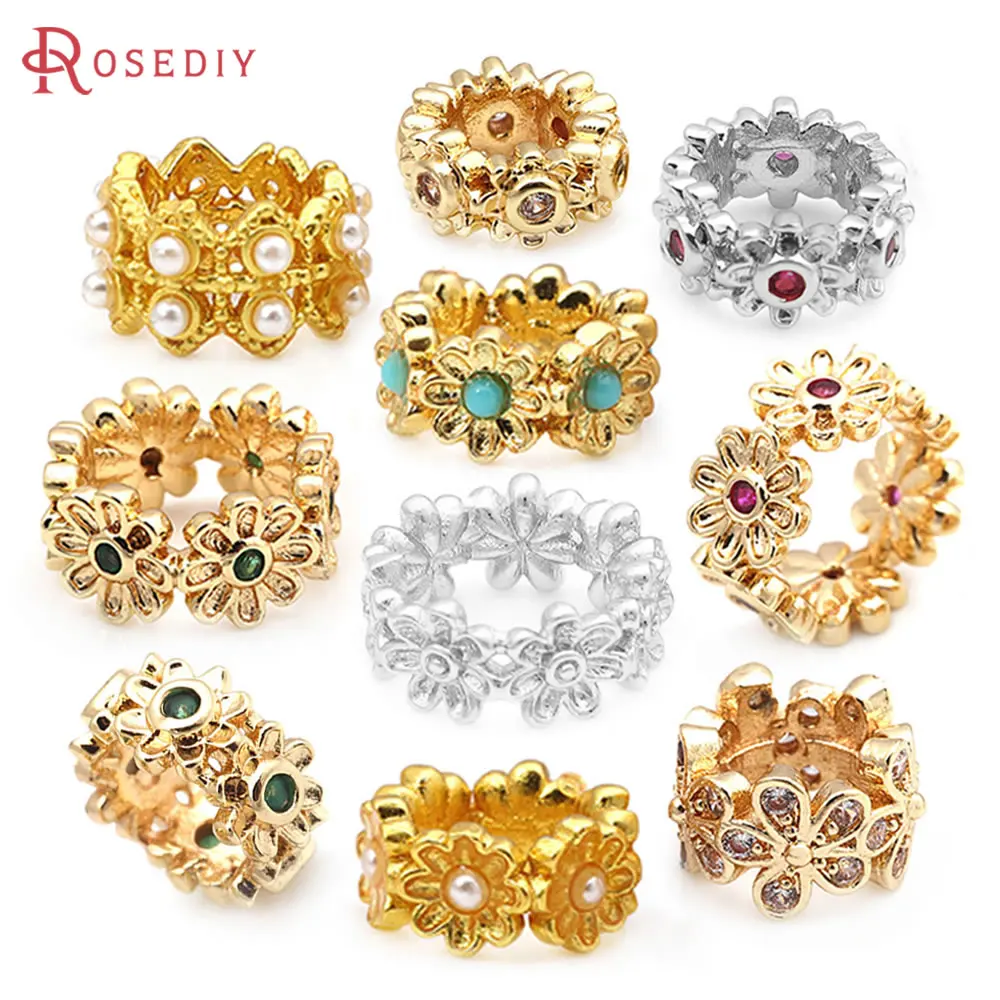 18K Gold Color Brass and Zircon Flower Large Hole Spacer Beads Bracelet Beads Diy Jewelry Making Supplies Necklace Earrings