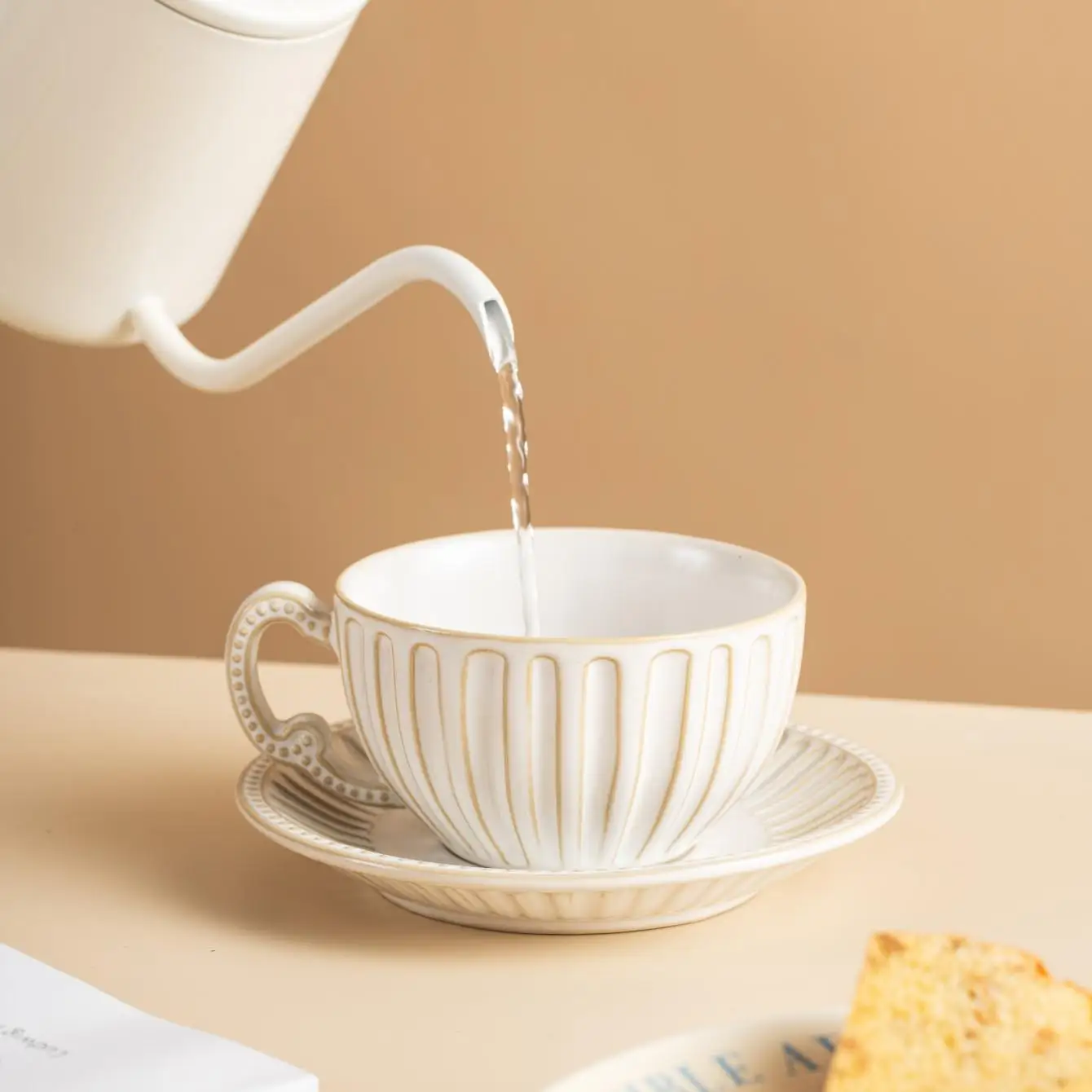 DSA White Stripe Simple Elegant Kiln-Transformed Ceramic Coffee Cup and Saucer Set - Modern Ceramic Coffee Cup