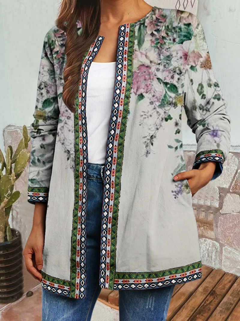 Women\'s Fashion Leisure Retro Ethnic Style Printed Long Sleeved Jacket  Cardigan Women\'s Top