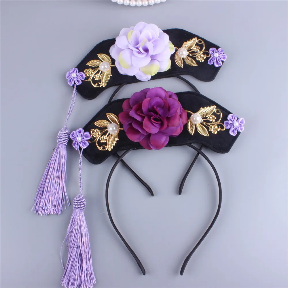 Chinese Ancient Princess Gege Headband Royal Flower Hair Hoop Pearl Tassel Hair Band Costume Cosplay Headwear For Girls