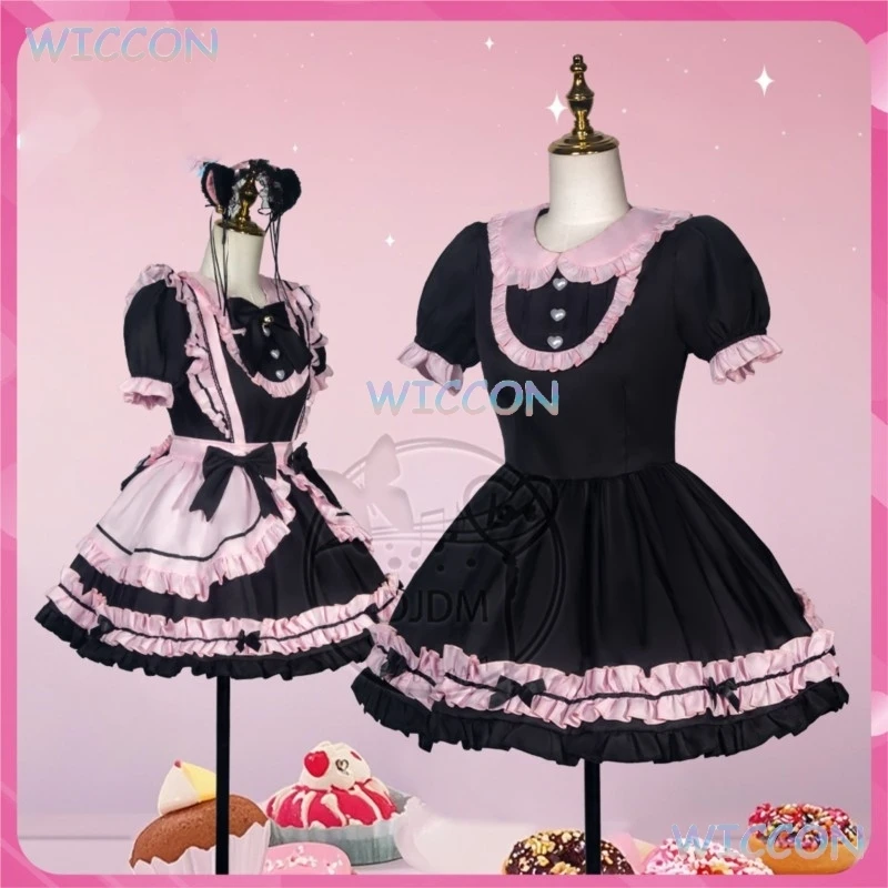 

Kawaii Bow Maid Party Dress Cosplay Jirai Kei Gothic Lolita JSK Dress Short Sleeve Cats Girl Harajuku Cute Pink Ruffles Black