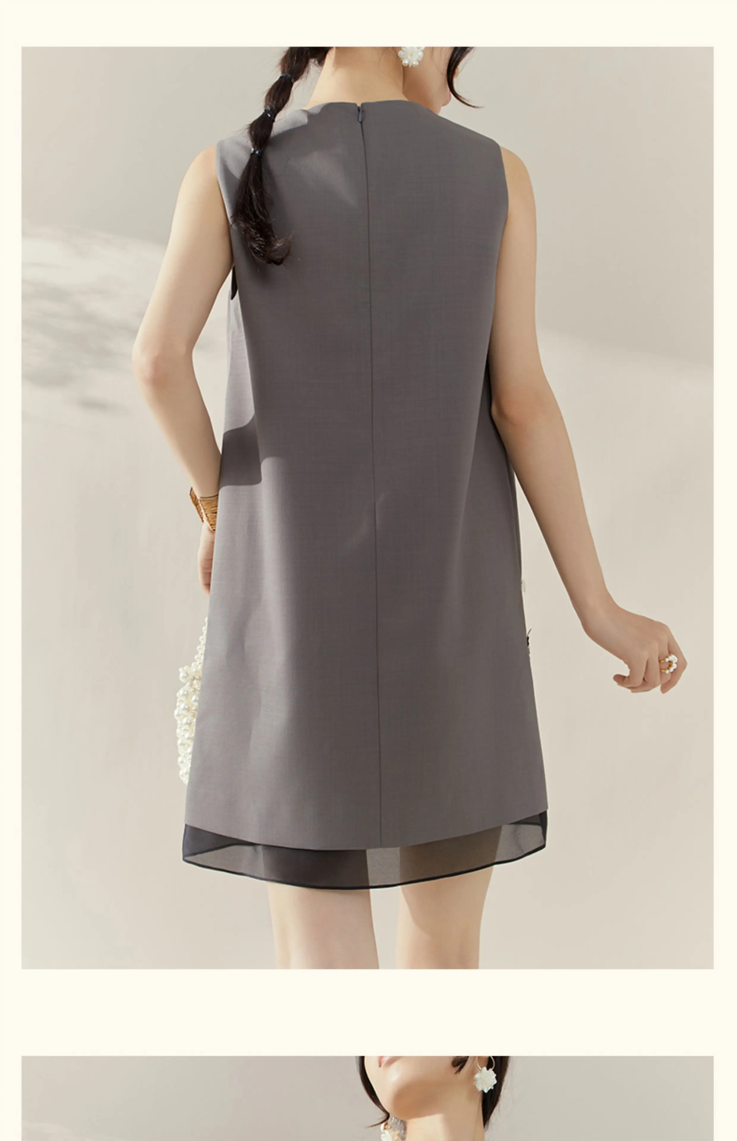 Francuska Moda Elegancka Socjeta Koraliki Naszywki 3D Kwiatowa Okrągły Dekolt Bez Rękawów Luźna Sukienka Trapezowa Codzienna Krótka Sukienka Damska Letnia