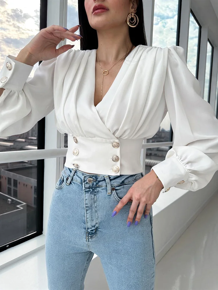 

Double Breasted Patchwork Button Summer Shirts Elegant Office Lady Solid Long Sleeve Tops 2023 Women V Neck Slim Fit Chic Blouse