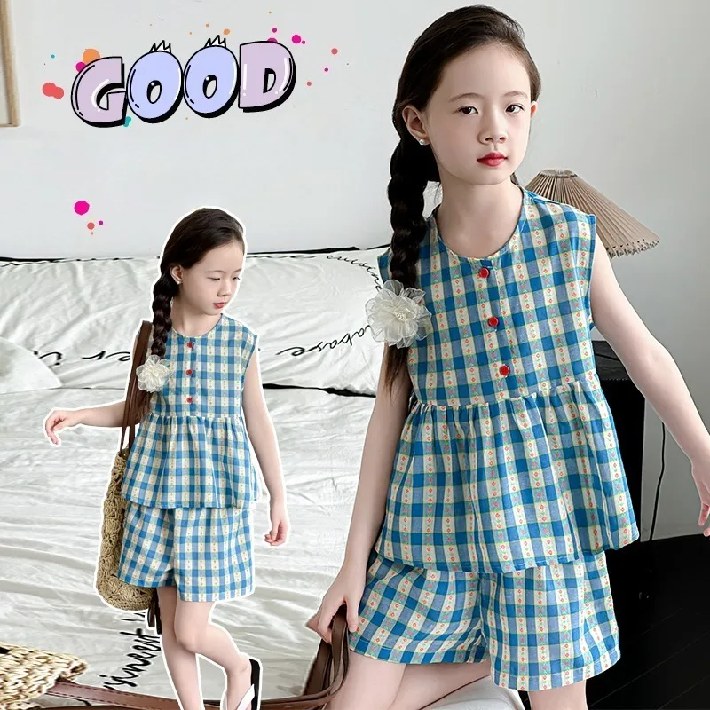 

Children Clothing Sets Blue Plaid Floral Print Sleeveless Round Neck Tank Top + Shorts Two-piece Set Kids Checkered Suits