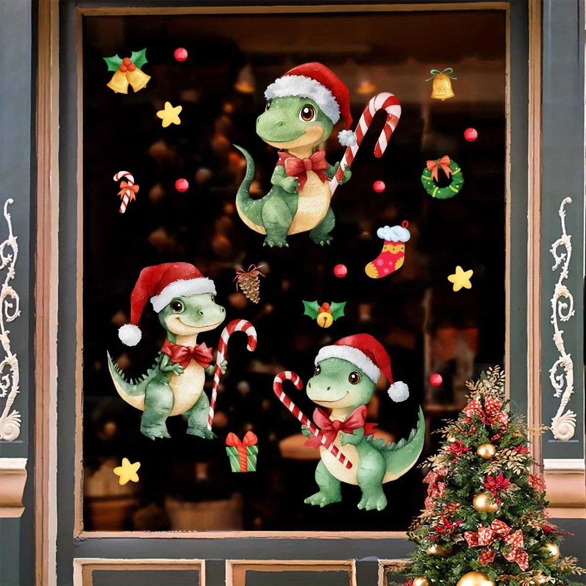 3 Stück Weihnachts-Dinosaurier-Themen-Fensteraufkleber, doppelseitige statische Haftung, perfekt für die Feiertagsdekoration auf Balkonfenstern.